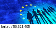 European immigration crisis and Europe refugee migrant concept as people on a border wall with an EU flag as a social issue about refugees or immigrants a group of migrating women men and children in a 3D illustration style. Стоковое фото, агентство Ingram Publishing / Фотобанк Лори
