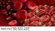 Blood clot and thrombosis medical illustration concept as a group of human blood cells clumped together by sticky platelets and fibrin creating a blockage in an artery or vein as a health disorder as a 3D illustration. Стоковое фото, агентство Ingram Publishing / Фотобанк Лори