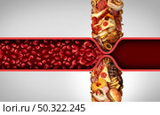 Blood circulation and cholesterol as fatty food causing a clogged artery or human vein as greasy fast food narrowing of arteries blocking blood flow to the human heart and organs with 3D illustration elements. Стоковое фото, агентство Ingram Publishing / Фотобанк Лори