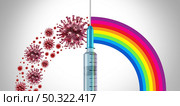 Concept of vaccination and virus vaccine or flu and coronavirus medical treartment and disease control as a syringe fighting a group of contagious pathogen cells as a health care metaphor with 3D illustration elements. Стоковое фото, агентство Ingram Publishing / Фотобанк Лори