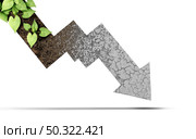 Climate decline and environmental change cycle as a dried or dry cracked land suffering from drought turning into rich moist organic earth with a growing young plant shaped as a downward arrow as a composite. Стоковое фото, агентство Ingram Publishing / Фотобанк Лори