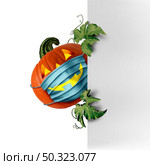 Halloween safety vertical sign as a jack o lantern pumpkin wearing a medical face mask protection as an autumn symbol for disease control and virus infection and coronavirus or covid-19 safety with 3D illustration elements. Стоковое фото, агентство Ingram Publishing / Фотобанк Лори
