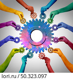 Business diversity team and teamwork unity connecting as an industry metaphor for joining a partnership as diverse people connected together as a corporate symbol for cooperation with 3D illustration elements.. Стоковое фото, агентство Ingram Publishing / Фотобанк Лори