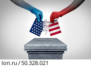 American politics fight and USA election or United States vote conflict between the left and right or conservatives and liberals at a polling station in a democracy war  of ideology with 3D illustration elements. Стоковое фото, агентство Ingram Publishing / Фотобанк Лори