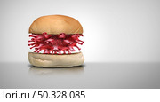 Food virus or highly contagious norovirus infection  risk due to contamination in meals we eat as a hamburger bun with a viral cell causing gastrointestinal illness with 3D illustration elements. Стоковое фото, агентство Ingram Publishing / Фотобанк Лори