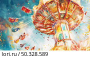A vibrant painting depicting a colorful carnival ride in motion with excited people enjoying the thrill of the ride. Стоковое AI-изображение, AI-художник Данила Большаков / Фотобанк Лори