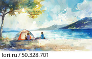 A painting depicting two individuals seated on a sandy beach next to a tent. Стоковое AI-изображение, AI-художник Данила Большаков / Фотобанк Лори