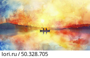 Watercolor painting of two individuals rowing a boat across a serene lake on a sunny day. Стоковое AI-изображение, AI-художник Данила Большаков / Фотобанк Лори