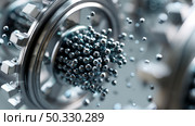 Nanotechnology particles assembling a machine part in macro detail. Crystalline molecular lattice of graphene. Abstract background. Стоковое AI-изображение, AI-художник ALLA YURTAYEVA / Фотобанк Лори
