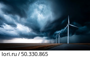 Dark shelf cloud preceding a severe thunderstorm at a wind turbine park. Beautiful thunderstorm black clouds and clouds hanging over the ground. Стоковое AI-изображение, AI-художник ALLA YURTAYEVA / Фотобанк Лори