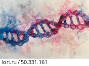 A creative depiction of a DNA helix with splashes of blue and red colors, symbolizing genetic complexity. Стоковое AI-изображение, AI-художник Данила Большаков / Фотобанк Лори