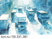 Watercolor painting of city street filled with numerous vehicles stuck in heavy traffic, showcasing the hustle and bustle of urban life. Стоковое AI-изображение, AI-художник Данила Большаков / Фотобанк Лори