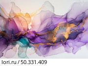 A dynamic abstract painting showcasing vibrant purple and yellow colors blending and contrasting in expressive swirls and shapes. Стоковое AI-изображение, AI-художник Данила Большаков / Фотобанк Лори