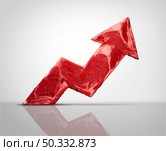 Rising meat prices and food price inflation or global beef industry surging in expensive cost as a raw red rib steak shaped as an increasing arrow representing higher grocery bill. Стоковое фото, агентство Ingram Publishing / Фотобанк Лори