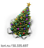 Decorated Christmas tree of natural green forest pine  with ornate decorative balls and gifts with red ribbons and bows as a  seasonal symbol of winter celebration and festive new year bursting out as a 3D illustration. Стоковое фото, агентство Ingram Publishing / Фотобанк Лори