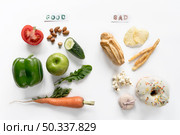 top view good bad food isolated white background. Стоковое фото, агентство Ingram Publishing / Фотобанк Лори
