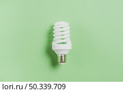 compact fluorescent light bulb green background. Стоковое фото, агентство Ingram Publishing / Фотобанк Лори