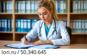 Young female doctor taking notes in medical room. Стоковое AI-изображение, AI-художник Ирина Гильмуллина / Фотобанк Лори