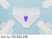 top view knickers with menstrual cup sanitary towels. Стоковое фото, агентство Ingram Publishing / Фотобанк Лори