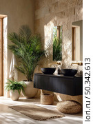Modern natural bathroom interior with black basins, stone walls, plants, and sunlight. Стоковое AI-изображение, AI-художник Катерина Бондарец / Фотобанк Лори