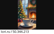 A warming mug of coffee near the fireplace in a cozy warm knitted plaid and Christmas decor. Cozy winter illustration, Christmas, New Year. AI generated. Стоковое AI-видео, аниматор Ольга Симонова / Фотобанк Лори
