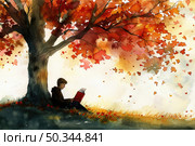 Watercolor painting of person sitting under autumn tree, engrossed in reading a book. Стоковое AI-изображение, AI-художник Данила Большаков / Фотобанк Лори