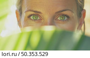 Focused close-up on female expressive green eyes peering through blurred green foliage, emphasizing her gaze and connection with nature. Стоковое AI-видео, аниматор Елена Никишина / Фотобанк Лори