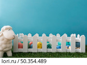 easter background with sheep wooden fence. Стоковое фото, агентство Ingram Publishing / Фотобанк Лори
