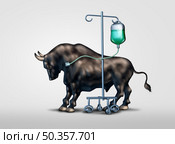 Economic weakness concept and Bull market life support financial metaphor and stock market or weak economy attached to medical equipment as a finance and budgeting challenge idea with 3D illustration elements. Стоковое фото, агентство Ingram Publishing / Фотобанк Лори