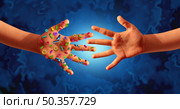 Contagious Disease Transmission and infectious diseases spread as a hygiene concept with hands full of germ virus and bacteria spreading in public as an exposure concept as infected people with 3D illustration elements. Стоковое фото, агентство Ingram Publishing / Фотобанк Лори