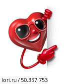Fun Heart Holding A Blank sign as a smiling happy red character with sunglasses as a fun love symbol or Valentine icon representing feelings of friendship or romantic passion isolated on a white background as a 3D illustration. Стоковое фото, агентство Ingram Publishing / Фотобанк Лори
