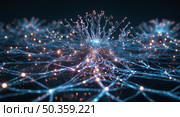 Mesmerizing neural network with pulsing nodes in a rich dark expanse  futuristic hightech elegance and photorealistic depth. Стоковое AI-изображение, AI-художник Андрей Бакусов / Фотобанк Лори