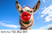 A comical donkey with oversized red lips set against a blue sky offers humorous visual commentary and whimsical surrealism in animal portraits. Стоковое AI-изображение, AI-художник Igor Tichonow / Фотобанк Лори