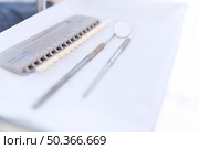 palette teeth shades with dental mirror probe desk. Стоковое фото, агентство Ingram Publishing / Фотобанк Лори