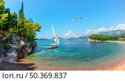 Famous sandy beach Milocer in Montenegro near Sveti Stefan. Стоковое фото, агентство Ingram Publishing / Фотобанк Лори
