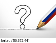 Russia question and Russian diplomacy questions as a current political crisis of uncertainty as the national flag  representing  Moscow political diplomatic negotiations with 3D illustration elements. Стоковое фото, агентство Ingram Publishing / Фотобанк Лори