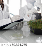 researchers with clipboard biotechnology laboratory. Стоковое фото, агентство Ingram Publishing / Фотобанк Лори