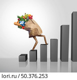 Climbing food prices and Rising grocery cost surging of supermarket groceries as an inflation financial crisis concept coming with a paper bag as a finance graph arrow with 3D render elements. Стоковое фото, агентство Ingram Publishing / Фотобанк Лори
