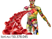 Fruits vegetables and blood health as fruit and vegetable group shaped as a human body with a healthy artery  as a medical symbol for eating and fighting disease with good nutrition with 3D illustration elements. . Стоковое фото, агентство Ingram Publishing / Фотобанк Лори
