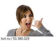 Portrait of a beautiful woman signaling for you to call her. Isolated on white. Стоковое фото, агентство Ingram Publishing / Фотобанк Лори