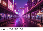 Futuristic cyberpunk city at night with neon lights reflecting on wet street, and people walking on sidewalks under train tracks. Стоковое AI-изображение, AI-художник Павел Муравьев / Фотобанк Лори