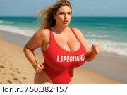 Curvy female lifeguard running along sandy coastline wearing red swimsuit performing safety patrol during summer beach rescue shift. Стоковое AI-изображение, AI-художник Павел Муравьев / Фотобанк Лори