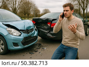 Stressed man calling insurance company after serious car accident with damaged vehicles on road, urgent assistance, modern cars, accident aftermath, roadside emergency. Стоковое AI-изображение, AI-художник Павел Муравьев / Фотобанк Лори
