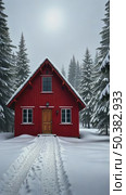 A red wooden house in a snowy landscape, standing on a snowy plain surrounded by trees, soft diffused light, frontal view. Стоковое AI-видео, аниматор Sergey Grishin / Фотобанк Лори