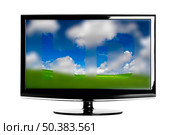 Modern HD TV showing a beautiful green landscaoe. Стоковое фото, агентство Ingram Publishing / Фотобанк Лори