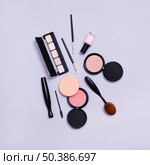 eyeshadows palette makeup brushes compact face powder purple background. Стоковое фото, агентство Ingram Publishing / Фотобанк Лори