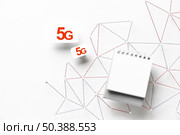 top view 5g sim cards with smartphone internet communication network. Стоковое фото, агентство Ingram Publishing / Фотобанк Лори