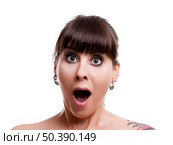 Close-up portrait of a lovely woman with a astonish expression against white background. Стоковое фото, агентство Ingram Publishing / Фотобанк Лори