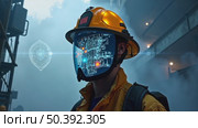 A firefighter's helmet AI overlays structural analysis and building house blueprint plan across smoke-filled corridors, emergency concept. Стоковое AI-видео, аниматор Sergey Grishin / Фотобанк Лори