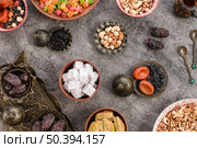 arabian lukum baklava dates nuts dried fruits ramadan. Стоковое фото, агентство Ingram Publishing / Фотобанк Лори